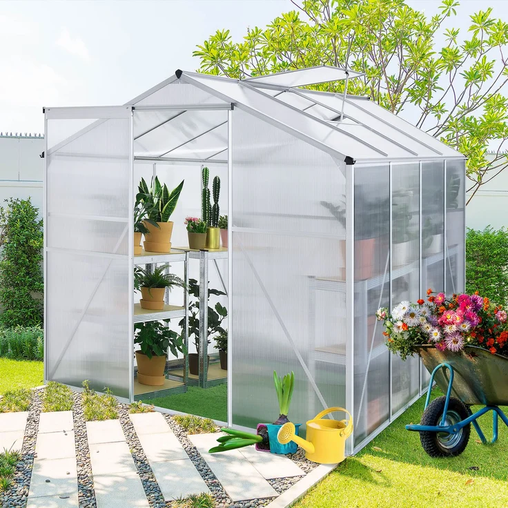 Juskys Aluminium Gewächshaus mit Fundament für Garten 4,75 qm 190 × 253 cm 1 Dachfenster und Schiebetür 4 mm Platten Juskys grau/silber Stahl – Bild 2