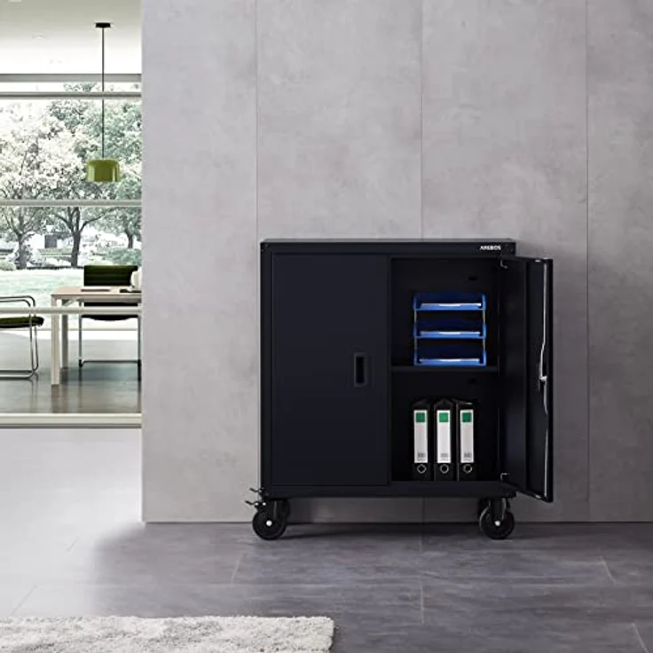 Aktenschrank Büroschrank Lagerschrank Materialschrank mit Räder Schwarz - Schwarz - Arebos – Bild 2