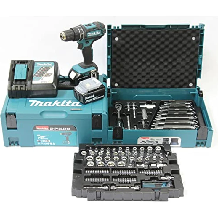 Makita DHP482JX13 Akku-Schlagbohrschrauber MAKPAC mit 2 x Akkus,Ladegerät und umfangreichem 120-teiligem Werkzeug-Set in einem zusätzlichen MAKPAC – Bild 1