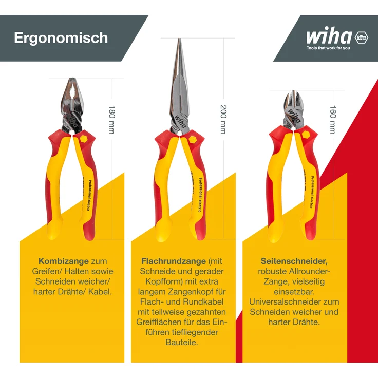 Wiha Zangen Set für Elektriker (26852) 3-tlg. I Universal Kombizange 180mm + Flachrundzange 200mm + Seitenschneider 160mm I Zangenset Elektro VDE – Bild 12