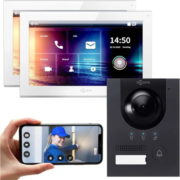 GOLIATH IP Video T??rsprechanlage Unterputz Set f??r 1 Familienhaus Anthrazit 2x 10 Monitor Wei??