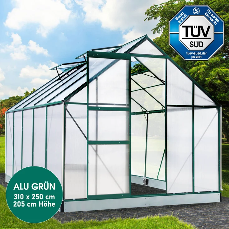 BRAST Gewächshaus Aluminium 310x250x205cm Grün mit Fundament rostfrei TÜV geprüft Alu Treibhaus Glashaus Tomatenhaus – Bild 2