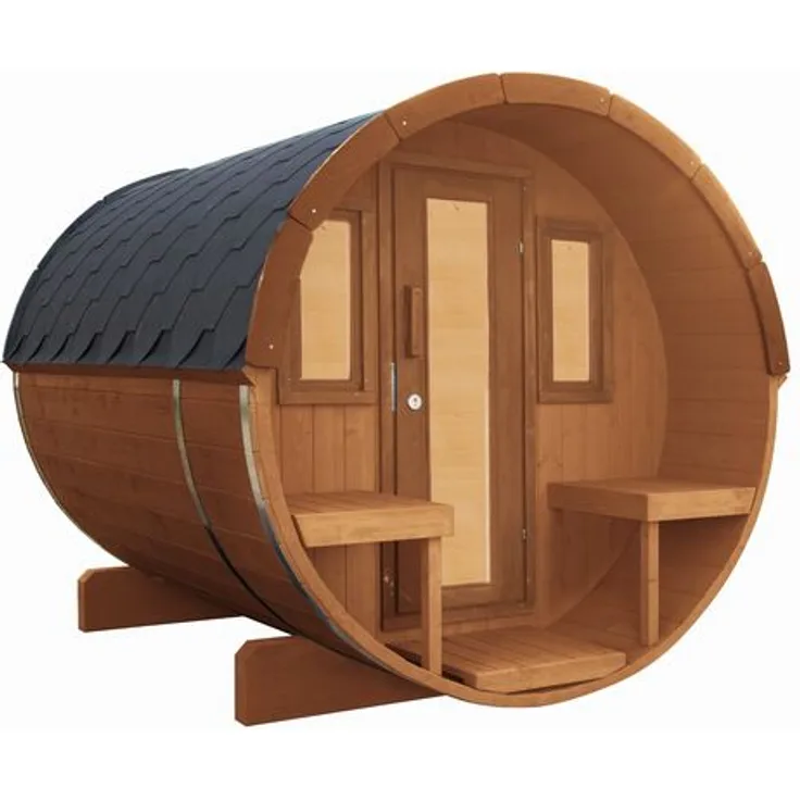 Wolff Finnhaus Saunafass Basic 250 montiert DS schwarz Anstrich Walnuss 205x250 cm