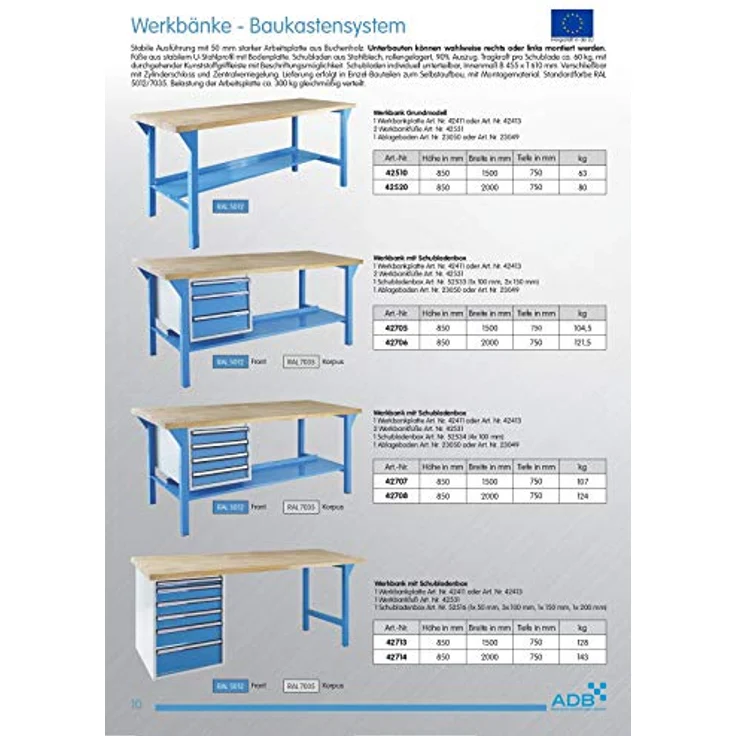 Werkbank PROFI 1500, Lichtblau, Höhe 850 mm – Bild 2