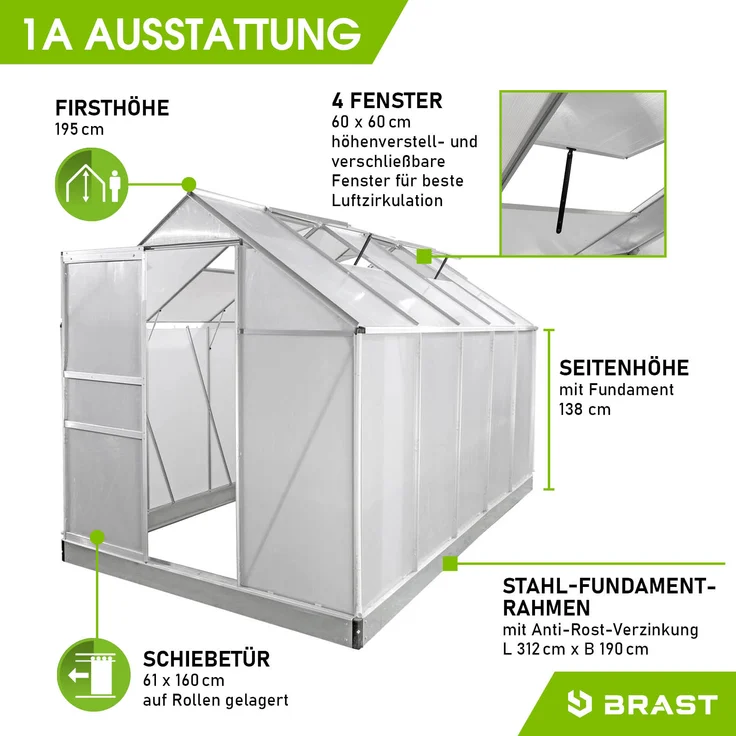 BRAST Gewächshaus Aluminium 310x190x195cm Silber mit Fundament rostfrei TÜV geprüft Alu Treibhaus Glashaus Tomatenhaus – Bild 6