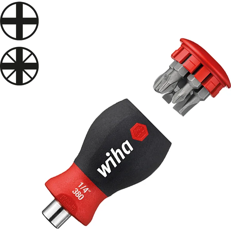 Wiha Magazin-Bithalter Stubby 3801-02 - Mini Schraubendreher mit 6 Bits im Griff - Schraubenzieher magnetisch mit Phillips und Pozidriv Bits - 1-4''
