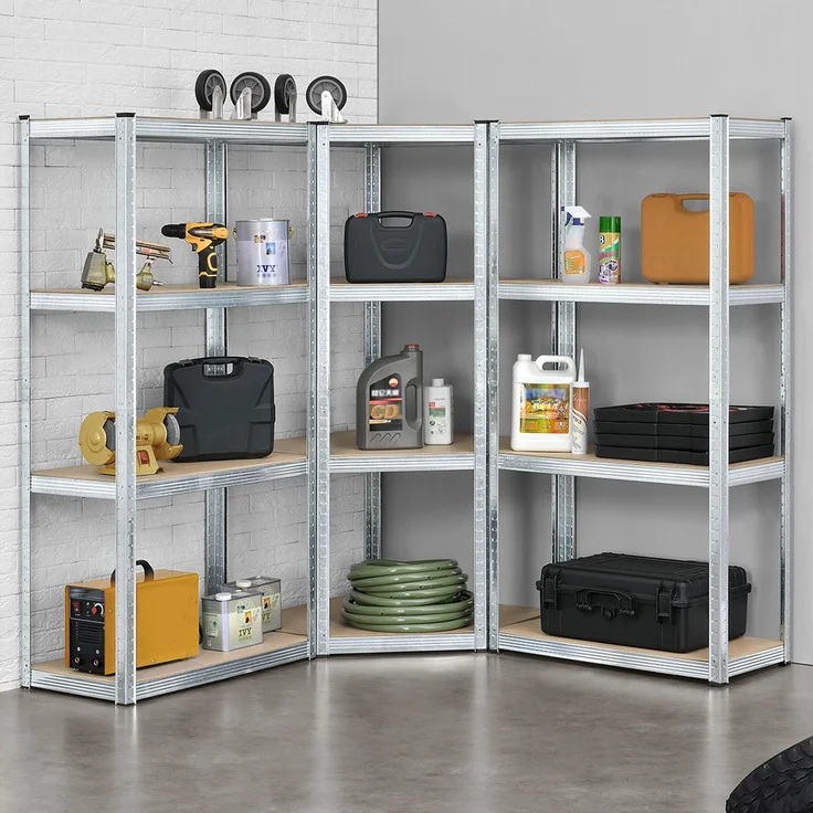3er Metall Regalsystem Easy | 1 Eckregal & 2 Lagerregale | 12 MDF Holz Böden | 960 kg | verzinkt | Stecksystem | Schwerlastregal Steckregal | Juskys – Bild 2