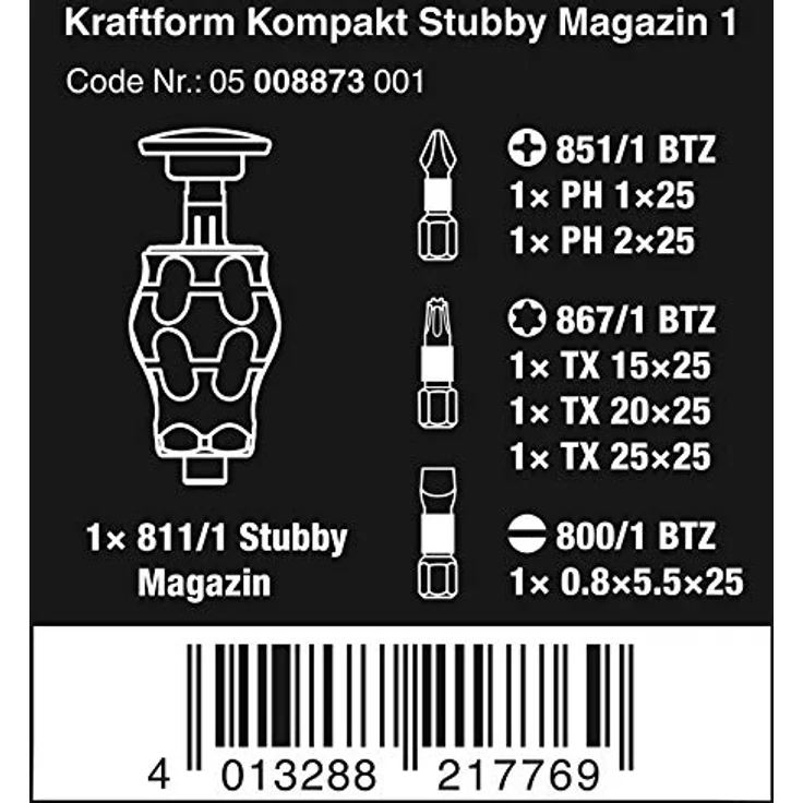 Wera Kraftform Kompakt Stubby Magazin 1 05008873001 Bit-Set 7teilig Kreuzschlitz Phillips, Schlitz, TORX inkl. Bithalter – Bild 2