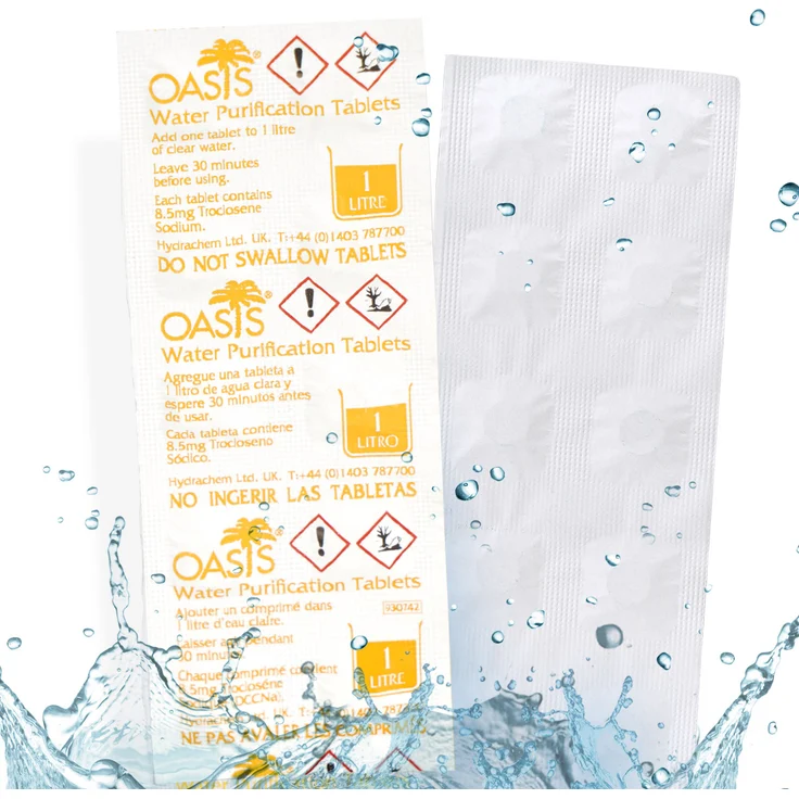 Wicked Chili Oasis 10x Wasserreinigungstabletten - 1 Liter Trinkwasser pro Tablette - Water Purification Tablet für Outdoor, Notfall, Camping, Reiseapotheke, Chlortabletten, Notfallset (8.5MG NaDCC) – Bild 1