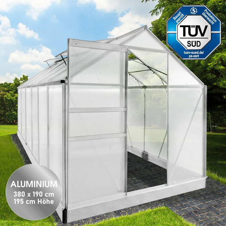 BRAST Gewächshaus Aluminium 380x190x195cm Silber mit Fundament rostfrei TÜV geprüft Alu Treibhaus Glashaus Tomatenhaus – Bild 3