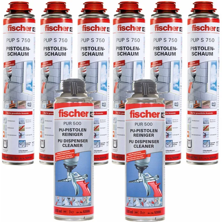 6x Fischer 1K Pistolenschaum PUP S 750ml B2 + 2x PUR500 500ml Reiniger