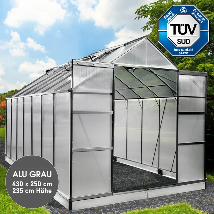 BRAST Gewächshaus Aluminium 430x250x235cm Grau mit Fundament rostfrei TÜV geprüft Alu Treibhaus Glashaus Tomatenhaus – Bild 2