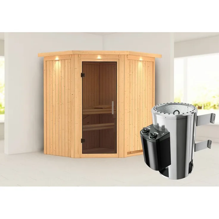 Karibu Sauna Tonja mit graphitfarbener Tür und Kranz Set Ofen 3,6 kW, integrierte Steuerung