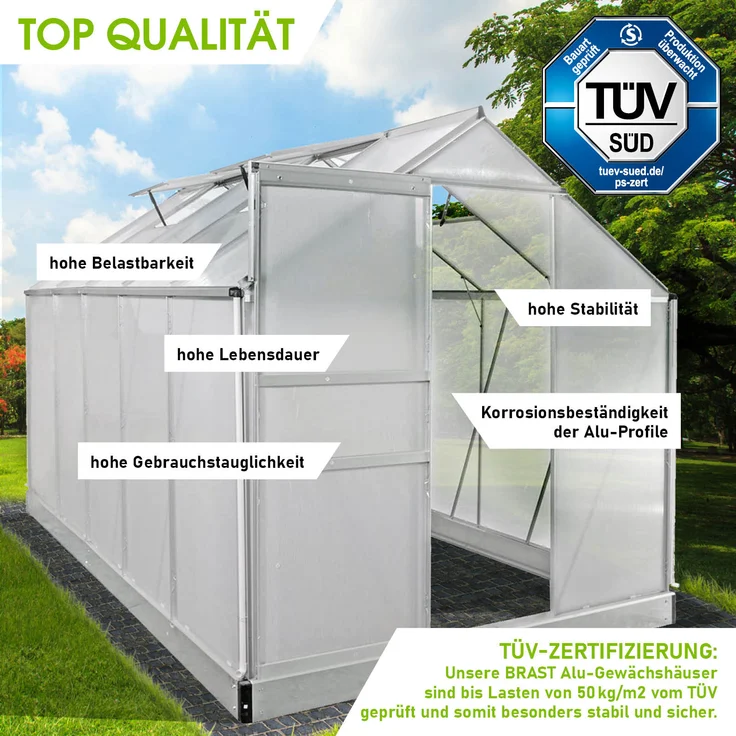 BRAST Gewächshaus Aluminium 310x190x195cm Silber mit Fundament rostfrei TÜV geprüft Alu Treibhaus Glashaus Tomatenhaus – Bild 4