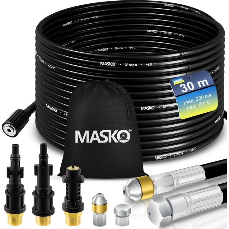 MASKO Premium Rohrreinigungsschlauch Set Abflussreiniger 200 bar inkl. Tasche 3 Adapter 2 Düsen + rotierend kompatibel mit Kärcher k2-k7 LAVOR Hochdruckreiniger universal Rohrreinigungsset 30m, Schwarz - Premium - Preisvergleich – Bild 1