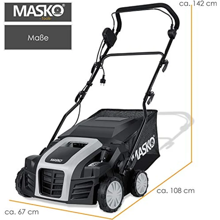 MASKO - Elektro 2in1 Vertikutierer Rasenlüfter 1800 Watt 40cm Arbeitsbreite 55L Fangkorb inkl. Lüfterwalze Lüfter Moosentferner, 5-stufige Arbeitstiefe einstellbar , höhenverstellbarer Holm Schwarz – Bild 7