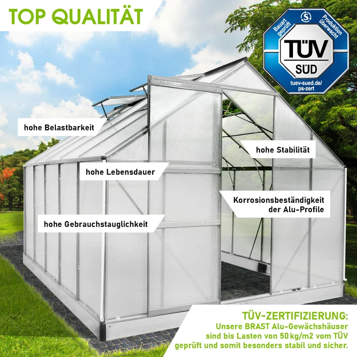 BRAST Gewächshaus Aluminium mit Fundament rostfrei geprüft 6mm Platten 310x250x205cm Silber – Bild 3