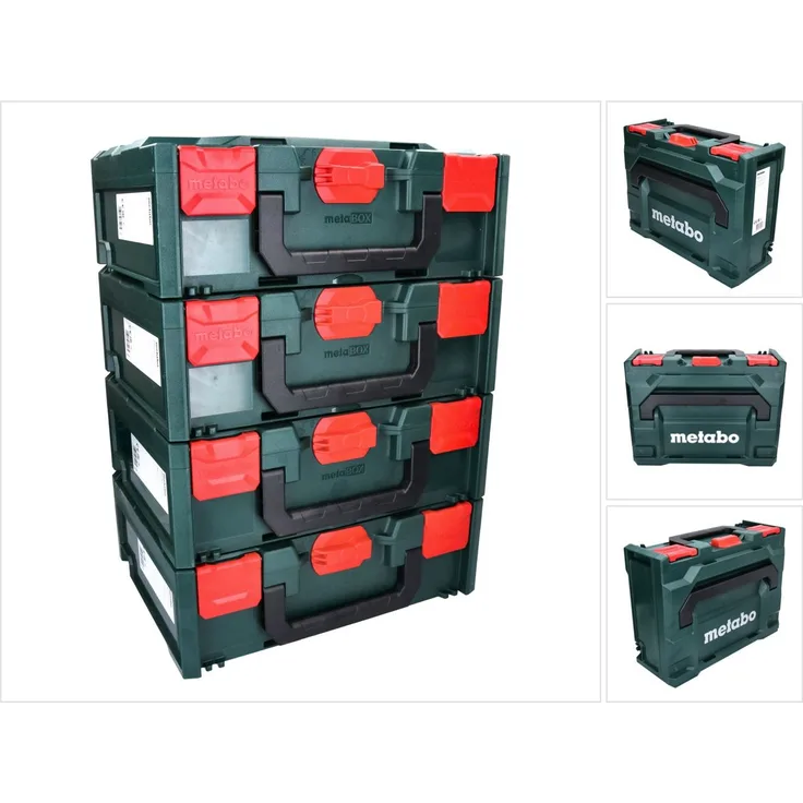 Metabo metaBOX 145 Set 4x System Werkzeug Koffer Stapelbar 396 x 296 x 145 mm + 4x Universaleinlage