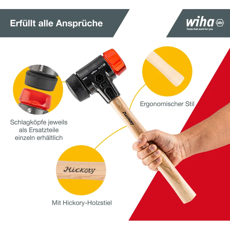 Wiha Schonhammer Safety mittelweich und hart (26613) I Gummihammer mit hochwertigem Hickory Holzstiel I Rund-Schlagkopf 50mm – Bild 13