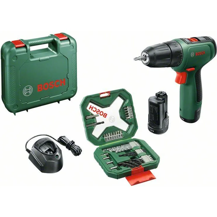 Bosch EasyDrill 1200 Akkubohrschrauber 12 V 20 Nm 2-Gang 15+1 Schnellspannbohrfutter 2x 1,5Ah Akku, Ladegerät, Transportkoffer und Bitset