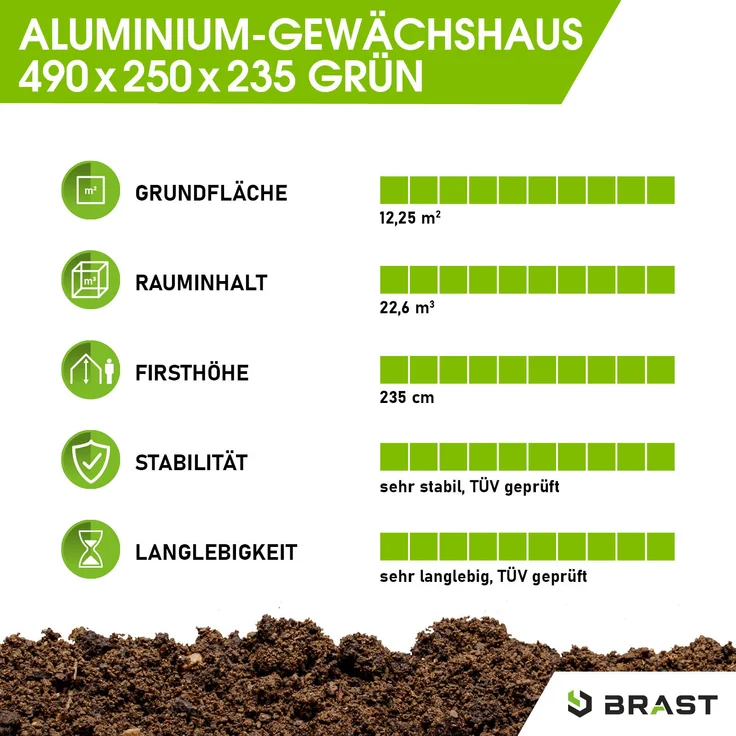 BRAST Gewächshaus Aluminium 490x250x235cm Grün mit Fundament rostfrei TÜV geprüft Alu Treibhaus Glashaus Tomatenhaus – Bild 3