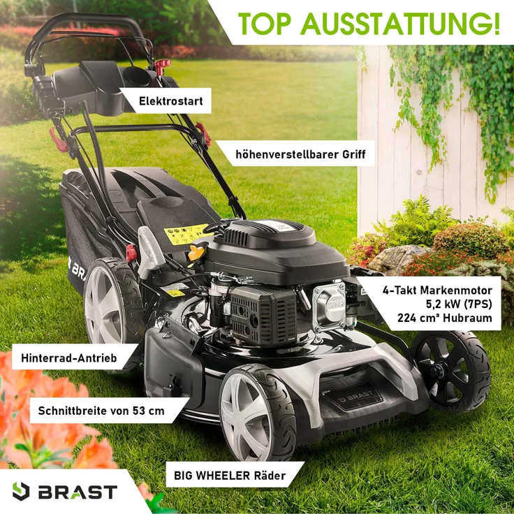 BRAST Rasenmäher Benzin 5,2kW(7PS) mit Antrieb + Elektrostart 53cm Schnittbreite 224ccm TÜV geprüft Stahlgehäuse 60L Fangkorb - Preisvergleich – Bild 4