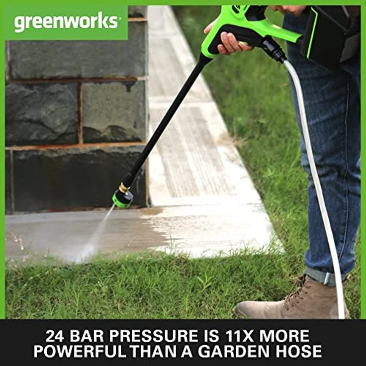 Greenworks Akku-Druckreiniger G24PWK4 (Li-Ion 24V 300 Watt Motorleistung 24 bar Druck 180 l/h Durchflussmenge 5-Fach Düse 6m Schlauch mit 4Ah Akku und Ladegerät) – Bild 4