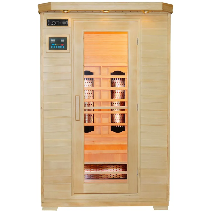 Artsauna Infrarotkabine Oslo – Vollspektrum Infrarotsauna für 2 Personen – LED-Farblicht, digitale Steuerung – 120 x 100 cm – Hemlock-Holz