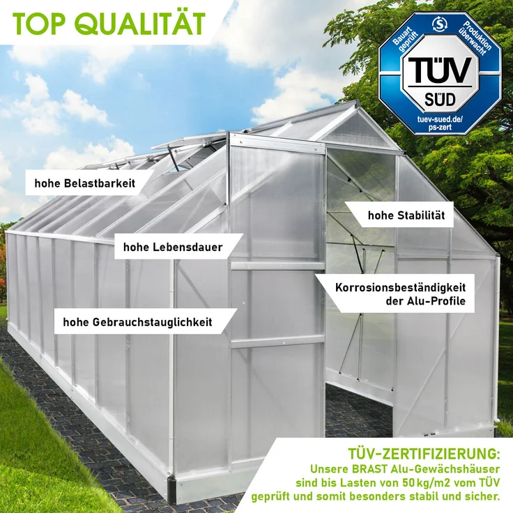 BRAST Gewächshaus Aluminium 490x250x205cm Silber mit Fundament rostfrei TÜV geprüft Alu Treibhaus Glashaus Tomatenhaus – Bild 4