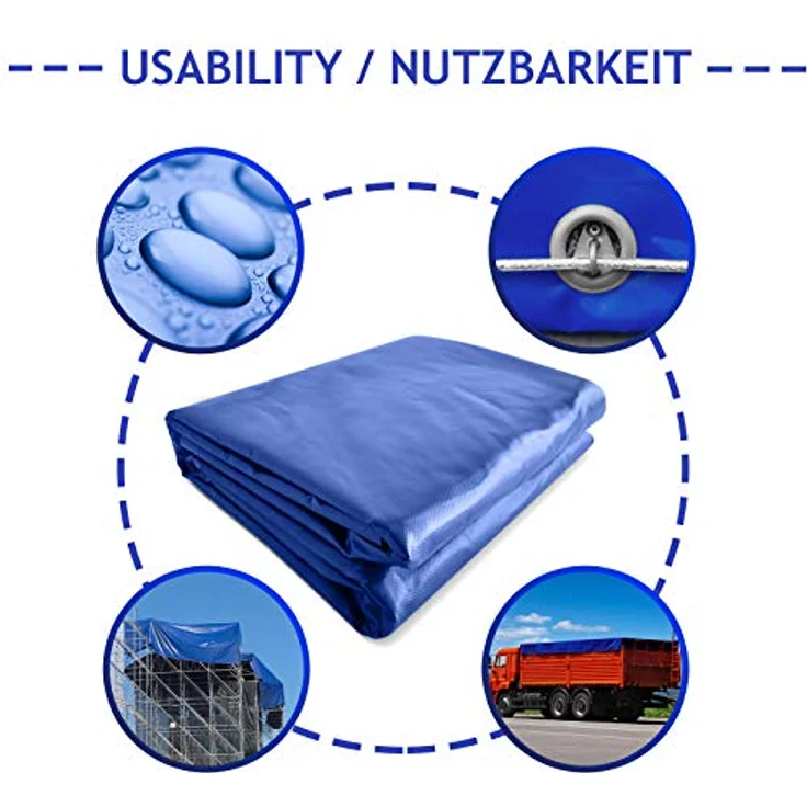 Jago Abdeckplane - 650 g-m², Wasserdicht & Reißfest, Aluminiumösen, Blau, 2 x 3 m, Beidseitig Beschichtet - Schutzplane, LKW Plane Gewebeplane, Regenplane – Bild 3