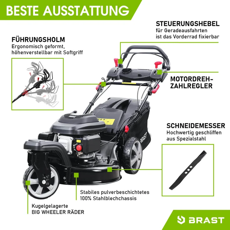 BRAST Rasenmäher Benzin Trike 5,2kW(7PS) mit Antrieb 53cm Schnittbreite 224ccm 4-Takt Motor TÜV geprüft Stahlgehäuse 60L Fangkorb 4-Takt Motor – Bild 11