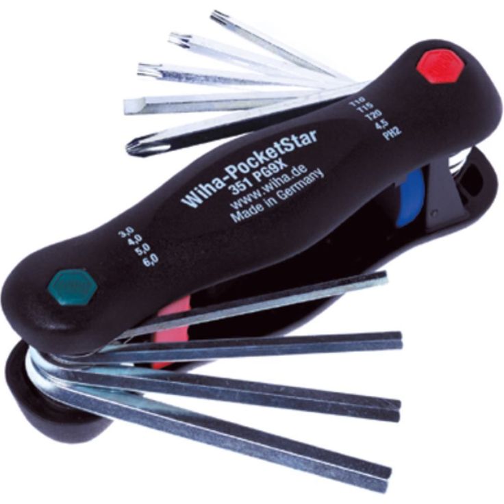 Wiha Multitool PocketStar® Innen-Sechskant, Schlitz, Phillips, TORX 9-tlg., per Tastendruck schneller Zugriff, als Längs- und Quergriff einsetzbar, all-in-one Werkzeug (25293)
