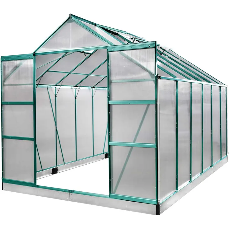 BRAST Gewächshaus Aluminium 380x250x235cm Grün mit Fundament rostfrei TÜV geprüft Alu Treibhaus Glashaus Tomatenhaus