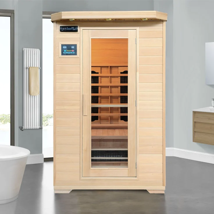 Artsauna Infrarotkabine Oslo – Keramikstrahler Infrarotsauna für 2 Personen – LED-Farblicht, digitale Steuerung – 120 x 100 cm – Hemlock-Holz – Bild 2
