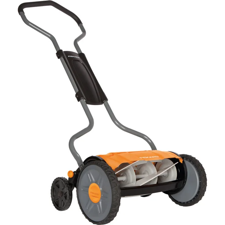 Fiskars Spindelmäher, Rasenmäher mit berührungslosem Schneidesystem, Schnittbreite: 43 cm, StaySharp Plus, Schwarz-Orange-Silber, 1015649