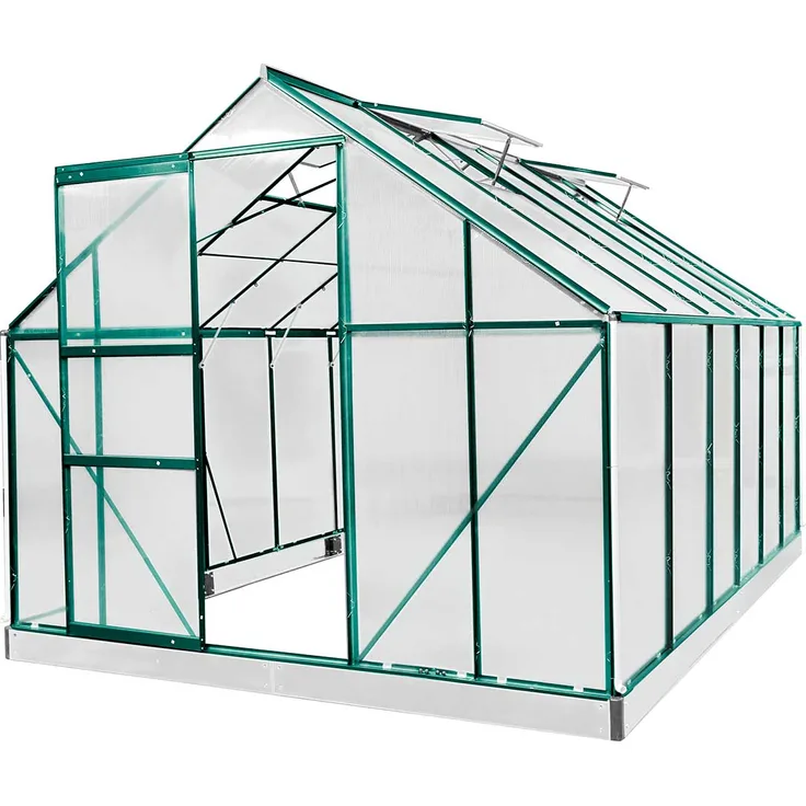 BRAST Gewächshaus Aluminium 380x250x205cm Grün mit Fundament rostfrei TÜV geprüft Alu Treibhaus Glashaus Tomatenhaus