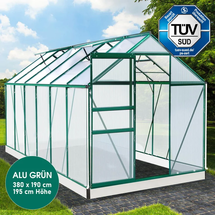BRAST Gewächshaus Aluminium 380x190x195cm Grün mit Fundament rostfrei TÜV geprüft Alu Treibhaus Glashaus Tomatenhaus – Bild 2