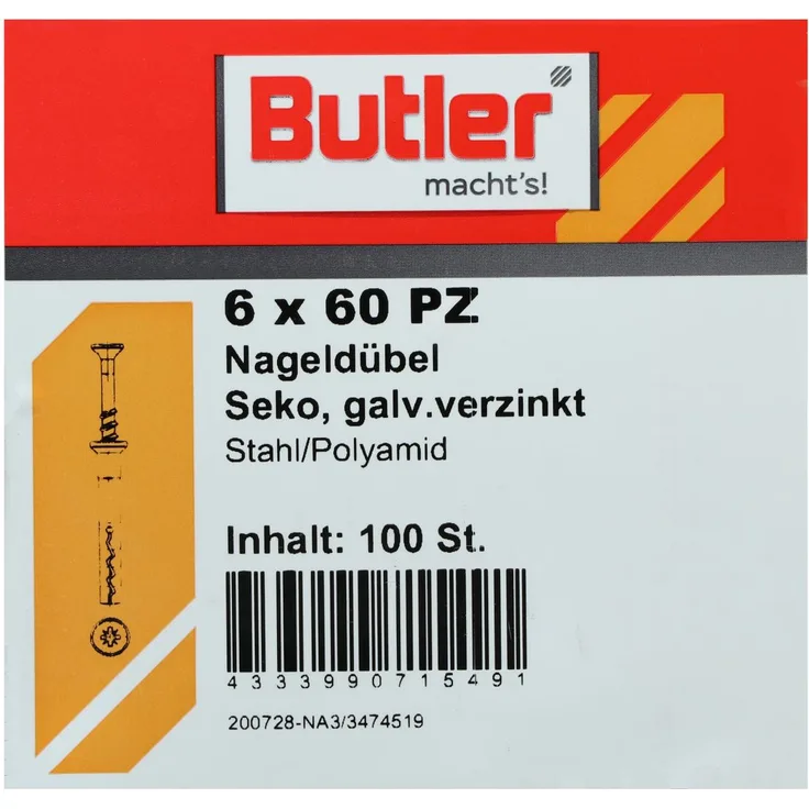 Butler macht',s! Nageldübel, Stahl - Polyamid, Senkkopf, galvanisch verzinkt 6 x 60 mm, 100 Stück