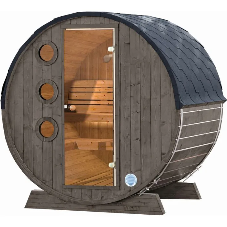 Wolff Finnhaus Saunafass Mini 160 montiert DS schwarz Anstrich Hellgrau 205x160 cm