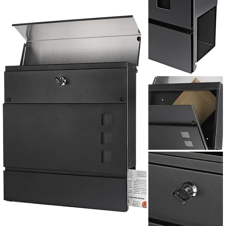 Briefkasten Edelstahl Wandbriefkasten Zeitungsfach Zeitungsrolle Namenschild Design Mailbox Kasten Postkasten Wandmontage - Schwarz - Silber* – Bild 2