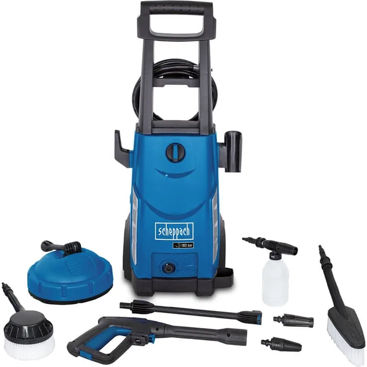 Scheppach Hochdruckreiniger HCE2400 mit 8-TLG. Zubehör | 5m Schlauch | 180bar | 230V 2400W | max. Fördermenge: 408 l/h | Ansaugfunktion | langlebige Aluminium Pumpe | inkl. Reinigungsmitteltank