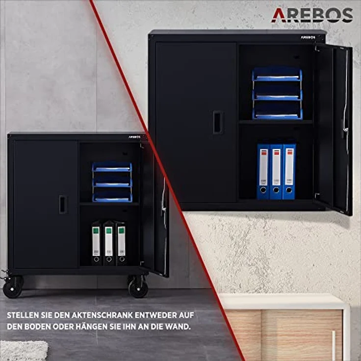 Aktenschrank Büroschrank Lagerschrank Materialschrank mit Räder Schwarz - Schwarz - Arebos – Bild 5