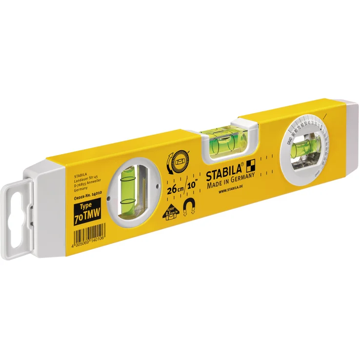 STABILA Torpedo-Wasserwaage Type 70 TMW, 26 cm, leichtes Alu-Profil, Magnetstreifen, 1 Horizontal-Libelle, 1 Vertikal-Libelle, 1 drehbare Winkel-Libelle, Made in Germany – Bild 1