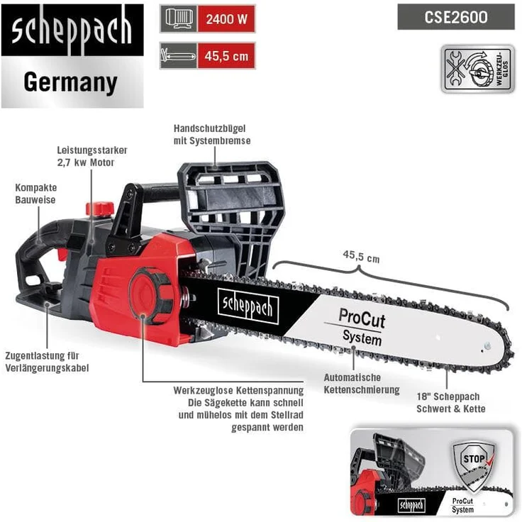 Scheppach Elektro-Kettensäge CSE2700, 230V 2700 Watt, 455 mm 18" ProCut Schwert und Kette, autom. Kettenschmierung, Handschutz mit integrierter Kettenbremse, werkzeuglose Kettenspannung – Bild 6