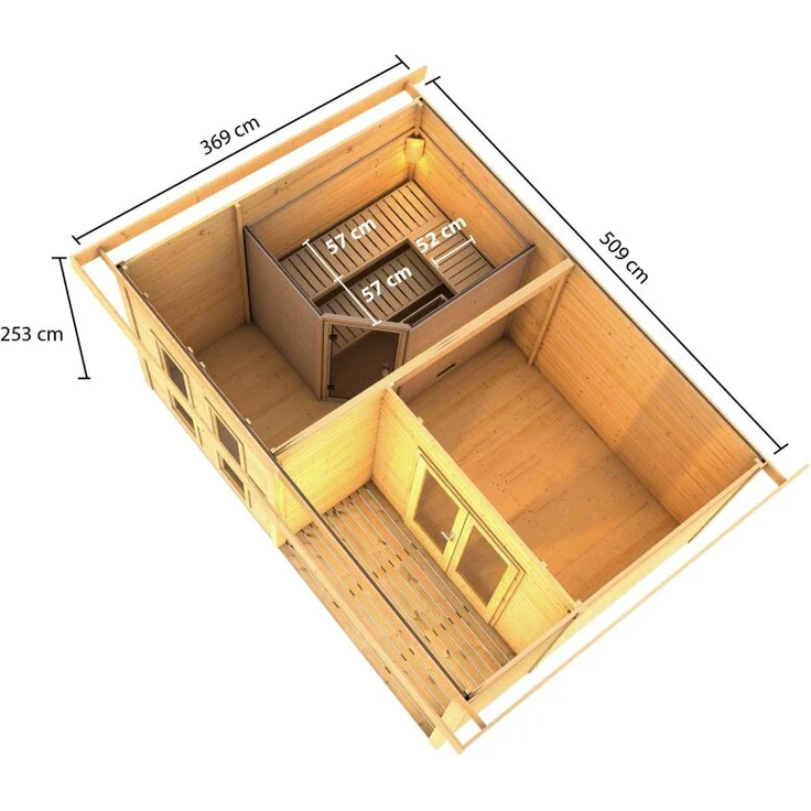 Karibu Saunahaus Mainburg 5 Set B naturbelassen mit Ofen 9 kW Bio externe Steuerung – Bild 2