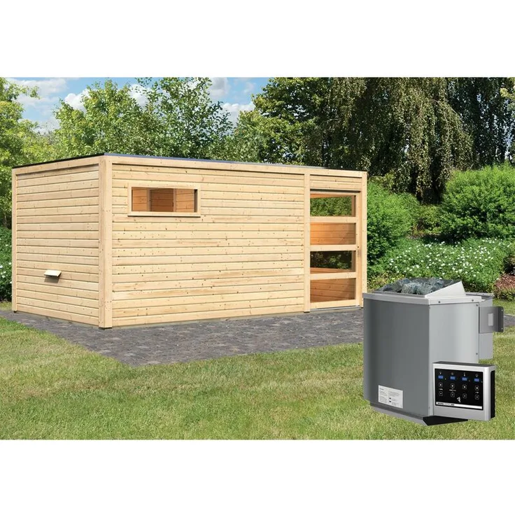 Karibu Saunahaus Hygge Set naturbelassen mit Ofen 9 kW Bio, externe Steuerung easy