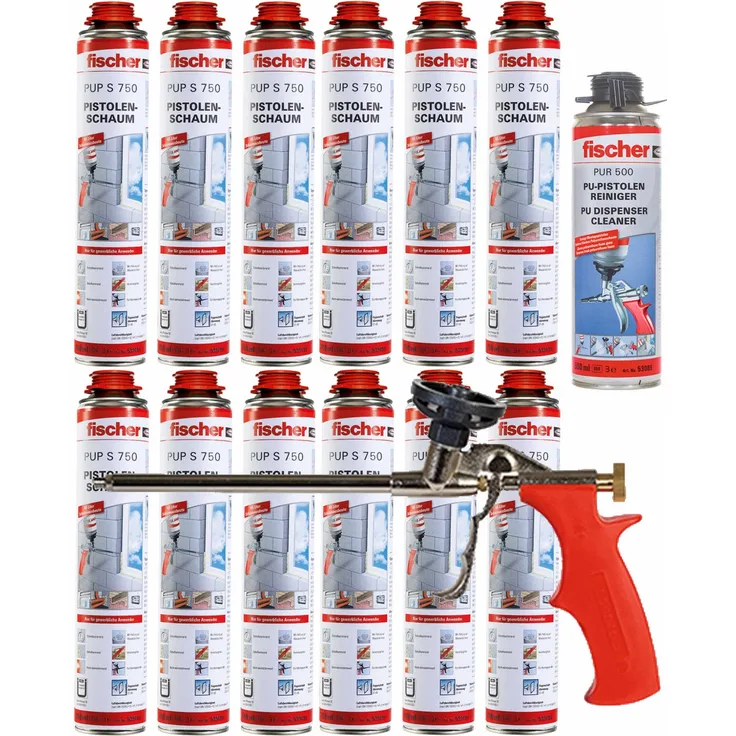 12x Fischer 1K Pistolenschaum PUP S 750ml B2 + Pistole PUP M3 + PUR500 Reiniger
