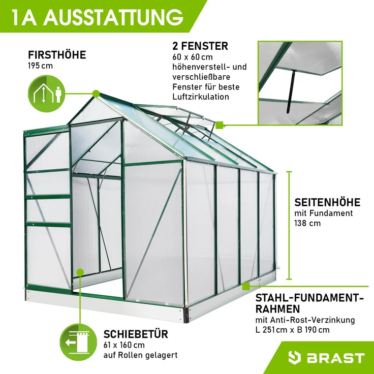 BRAST Gewächshaus Aluminium 250x190x195cm Grün mit Fundament rostfrei TÜV geprüft Alu Treibhaus Glashaus Tomatenhaus – Bild 6