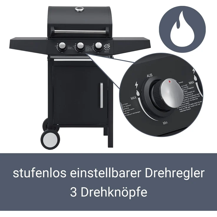 Juskys BBQ Gas-Grill Louisiana 3 Brenner Stahl-Korpus Grillrost, Deckel mit Thermometer, Warmhalterost & Seitenablagen Grillwagen Griller – Bild 4