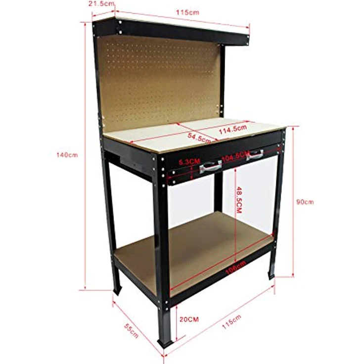 Werkbank 1150x550x1400mm mit Lochwand & Aufhängehaken, großzügige MDF-Arbeitsplatte & Stahlrahmen – Bild 2
